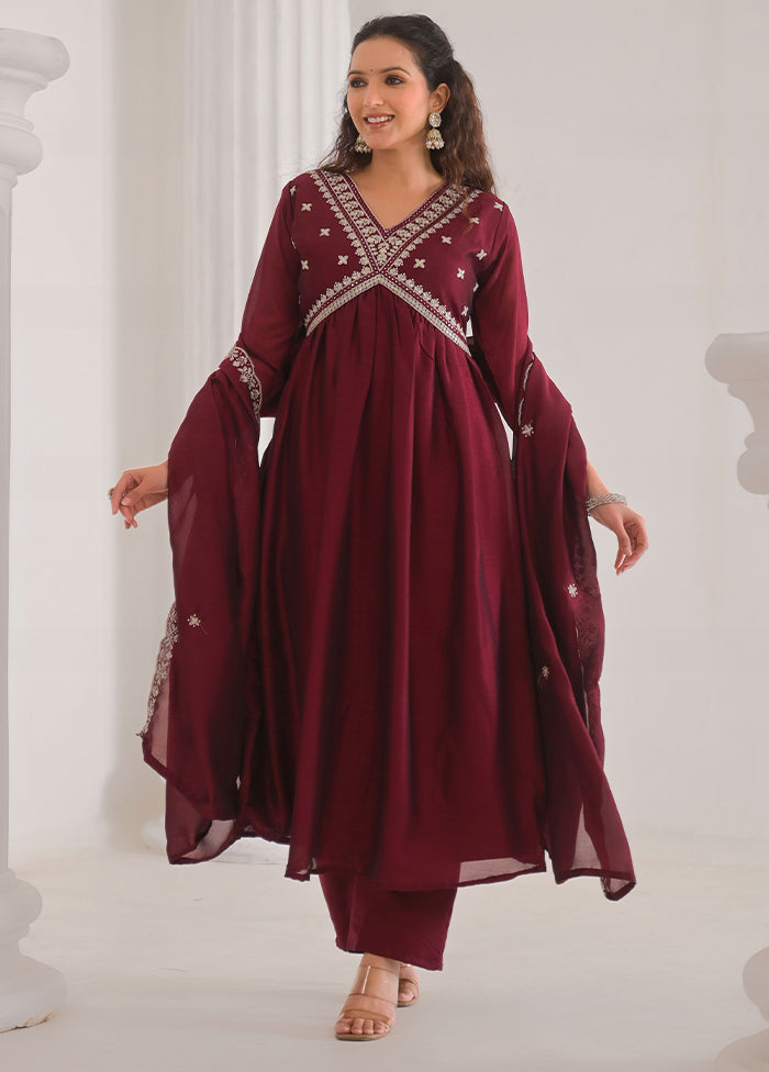 3 Pc Maroon Readymade Silk Dupatta Suit Set