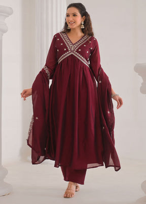 3 Pc Maroon Readymade Silk Dupatta Suit Set