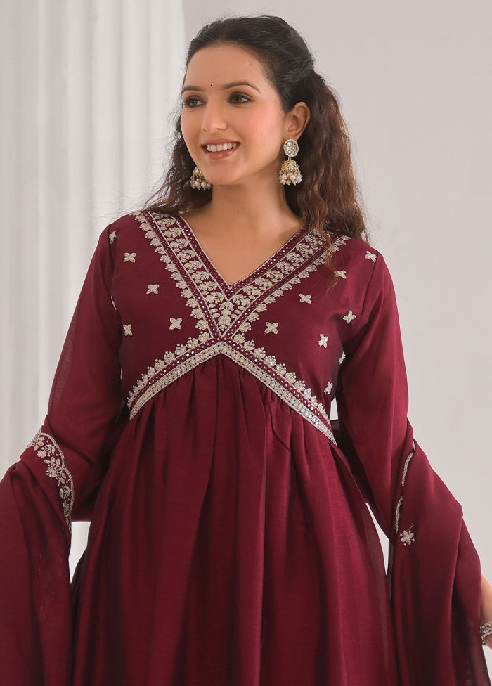 3 Pc Maroon Readymade Silk Dupatta Suit Set