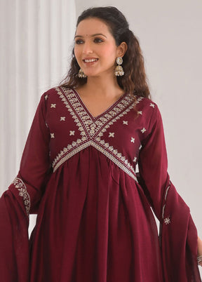 3 Pc Maroon Readymade Silk Dupatta Suit Set