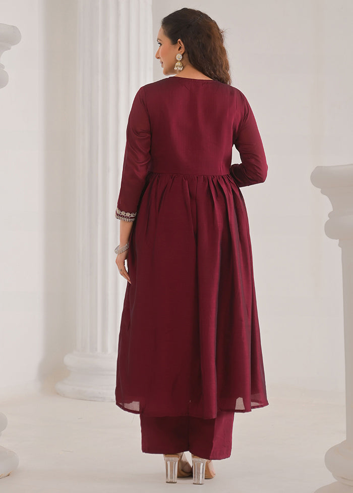 3 Pc Maroon Readymade Silk Dupatta Suit Set