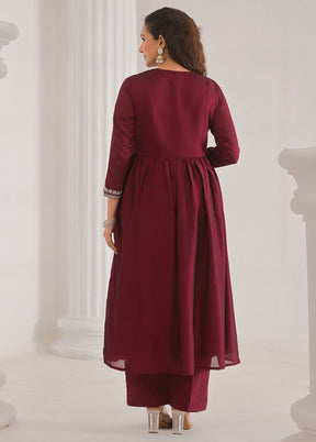 3 Pc Maroon Readymade Silk Dupatta Suit Set