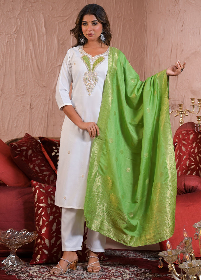 3 Pc Off White Readymade Viscose Dupatta Suit Set