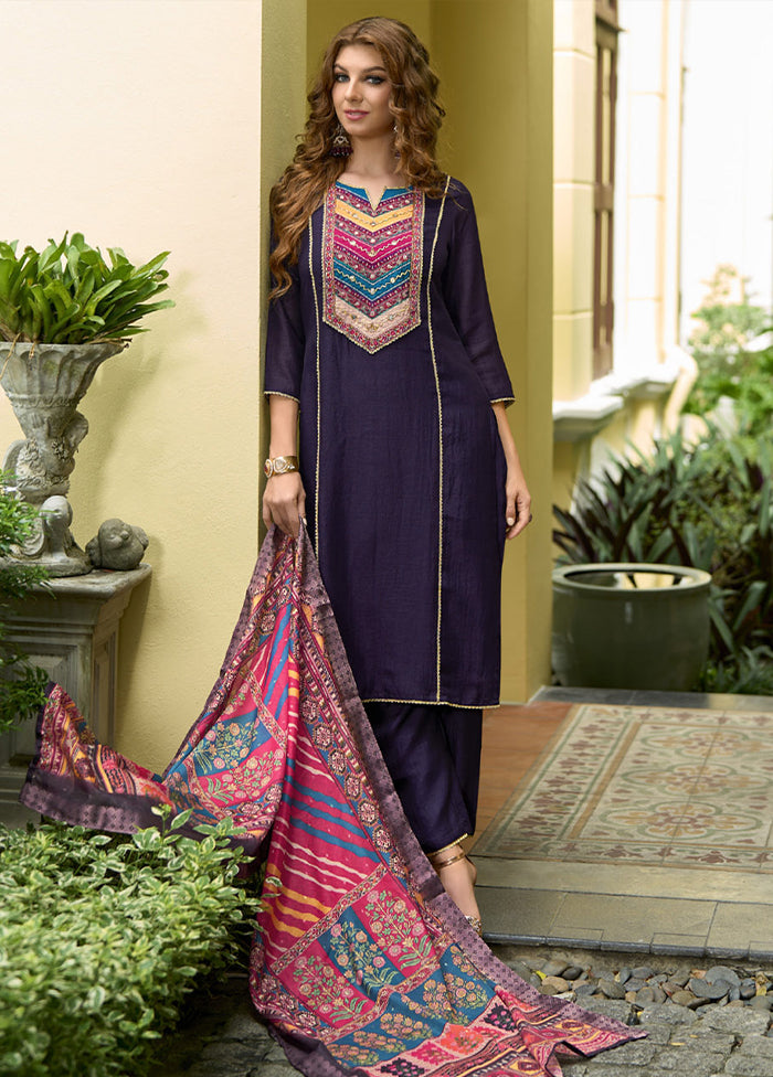 3 Pc Blue Readymade Silk Dupatta Suit Set