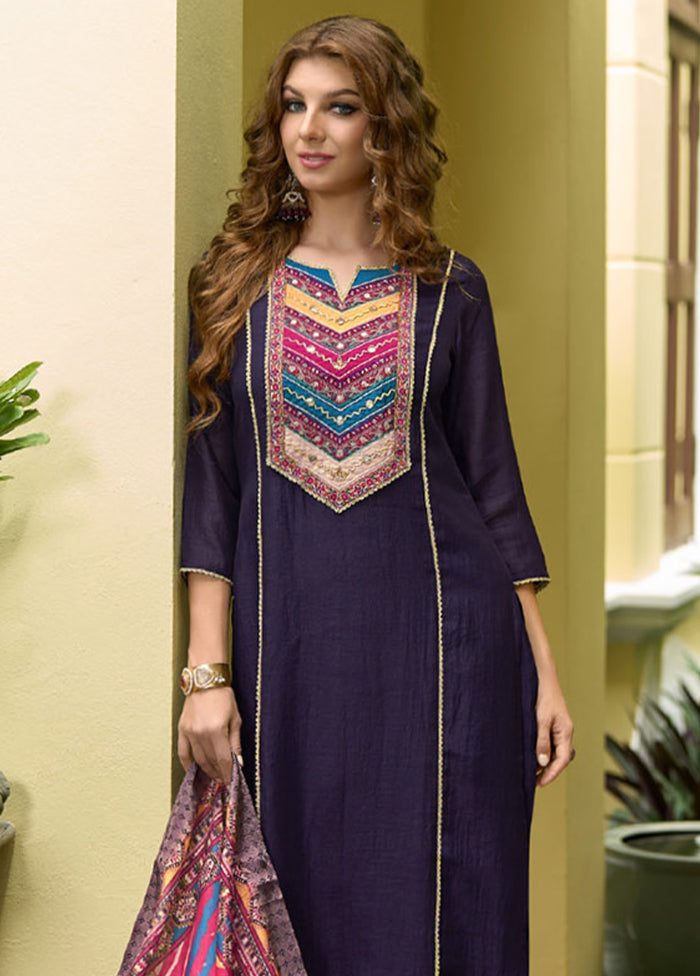 3 Pc Blue Readymade Silk Dupatta Suit Set