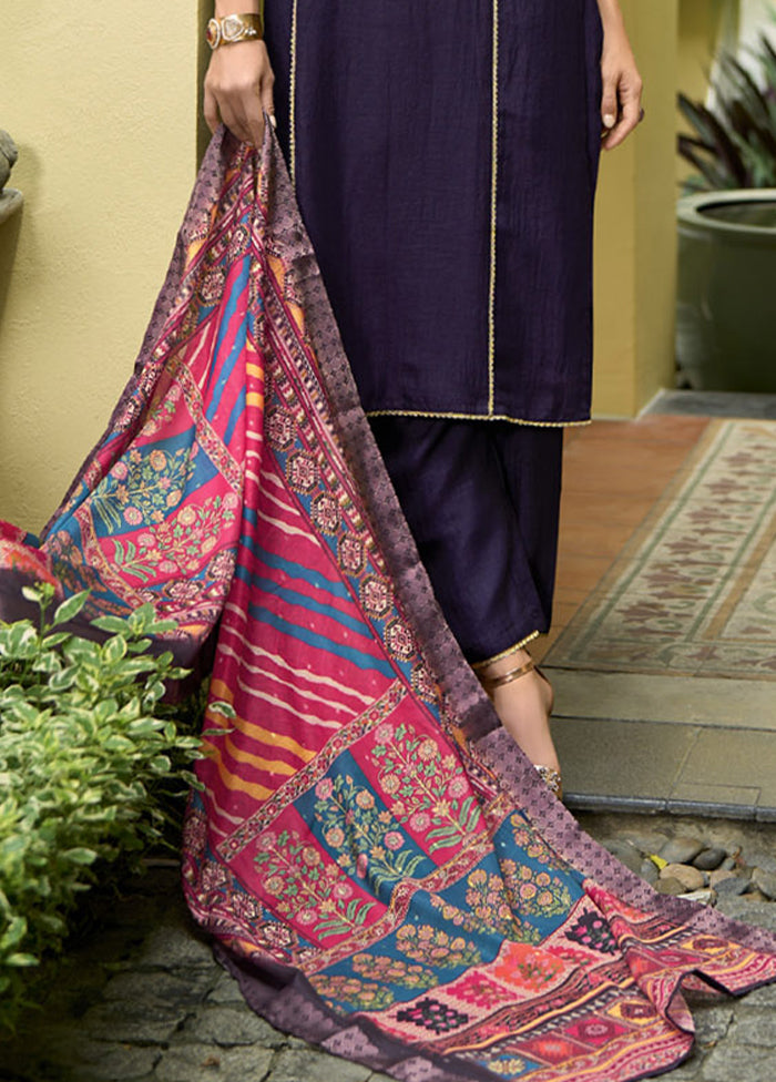 3 Pc Blue Readymade Silk Dupatta Suit Set