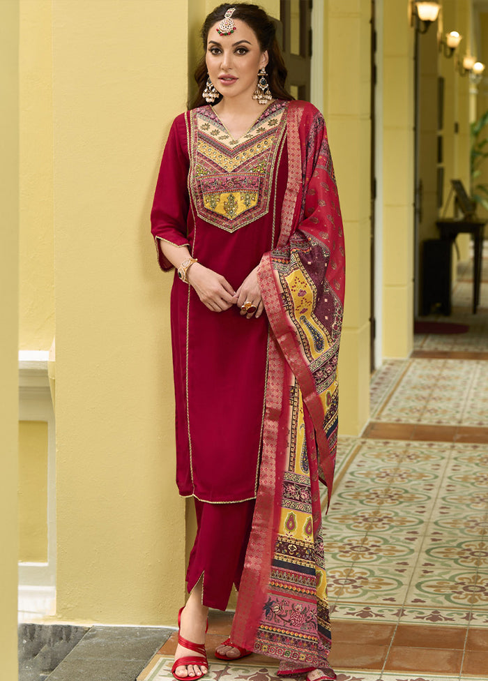 3 Pc Red Readymade Silk Dupatta Suit Set