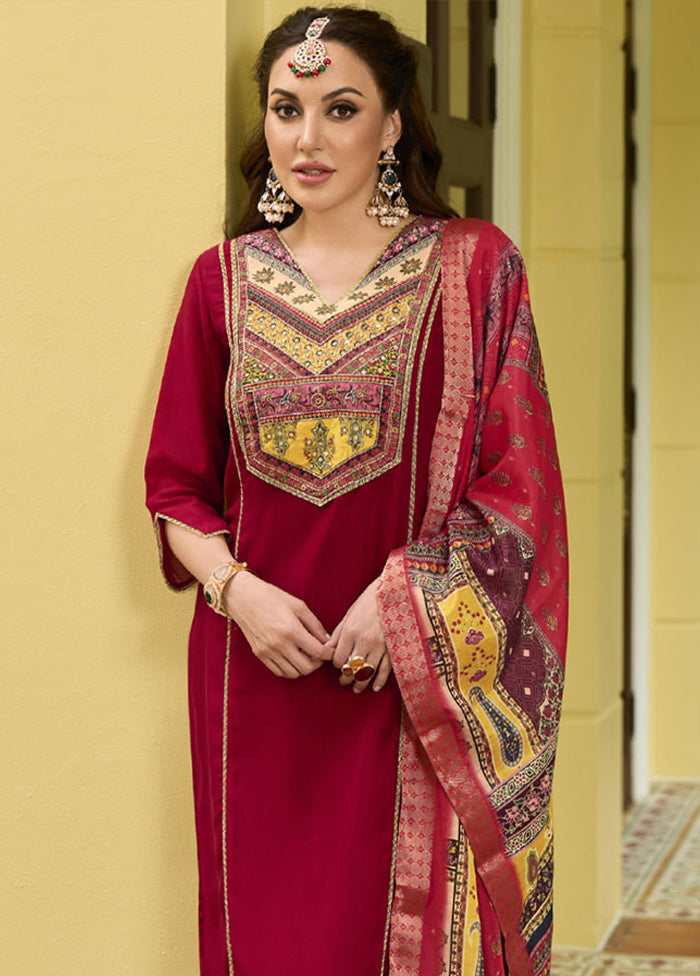 3 Pc Red Readymade Silk Dupatta Suit Set