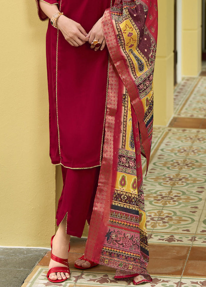 3 Pc Red Readymade Silk Dupatta Suit Set