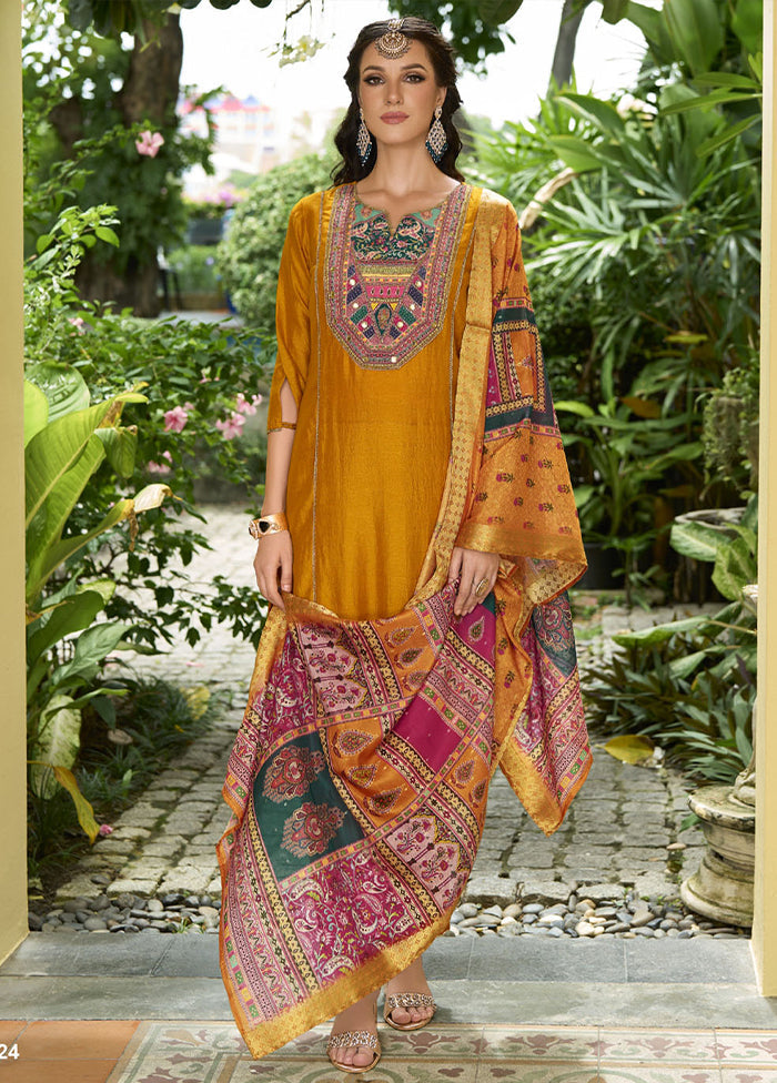 3 Pc Yellow Readymade Silk Dupatta Suit Set