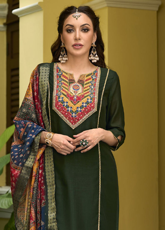 3 Pc Mehendi Readymade Silk Dupatta Suit Set