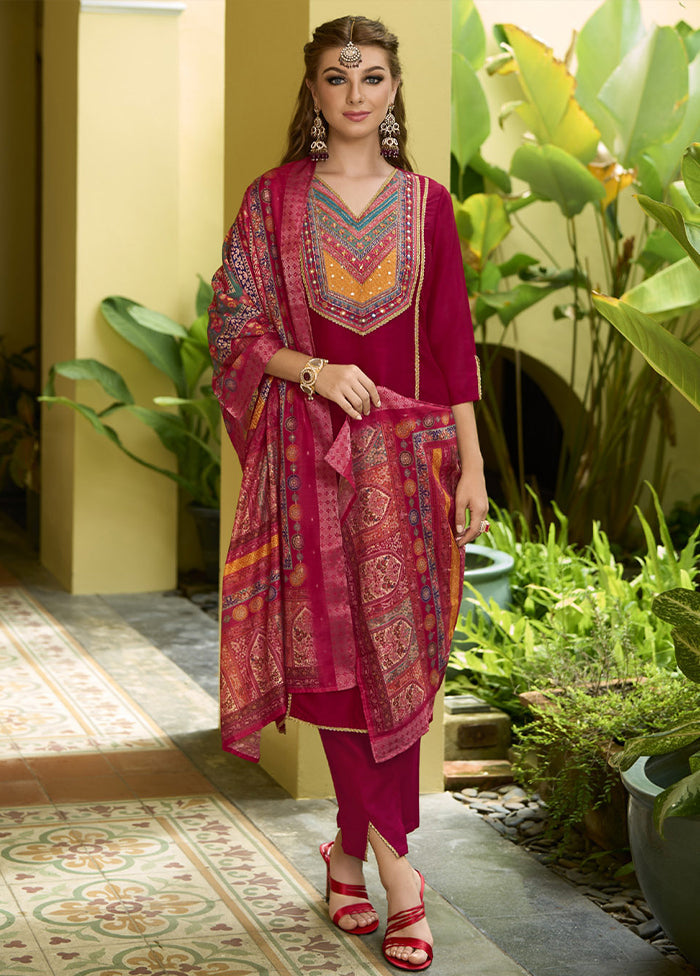 3 Pc Pink Readymade Silk Dupatta Suit Set