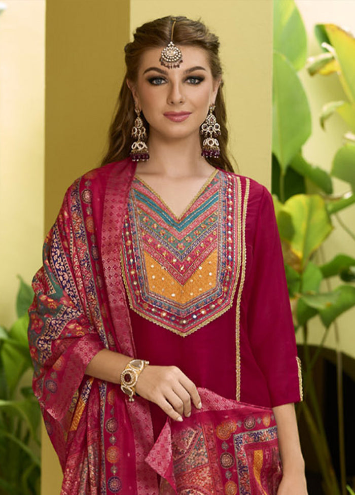3 Pc Pink Readymade Silk Dupatta Suit Set