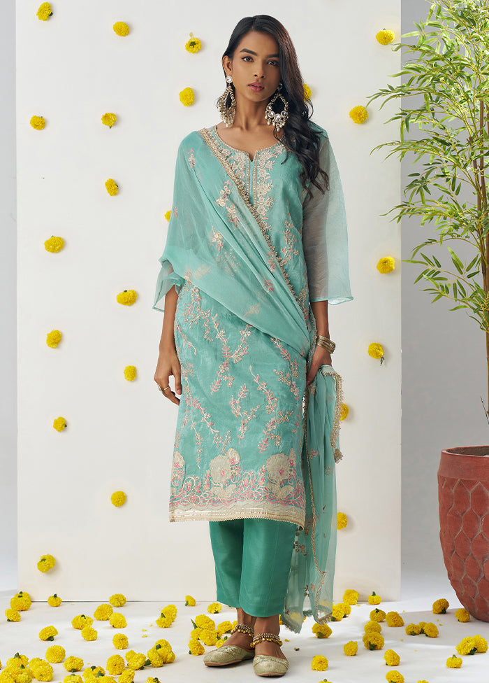 3 Pc Sea Green Readymade Silk Dupatta Suit Set