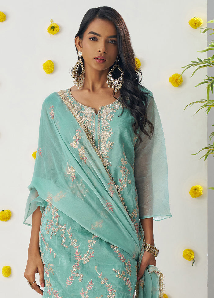 3 Pc Sea Green Readymade Silk Dupatta Suit Set