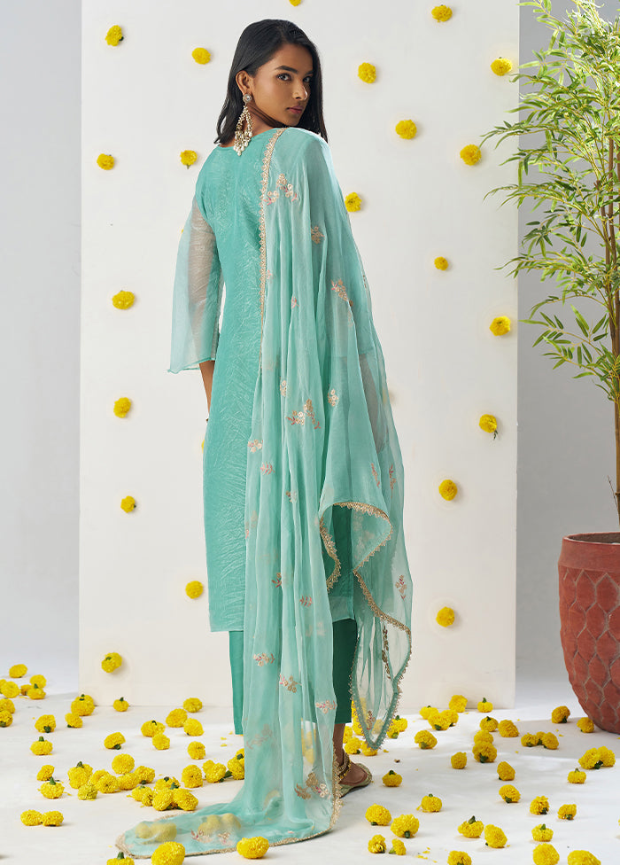 3 Pc Sea Green Readymade Silk Dupatta Suit Set
