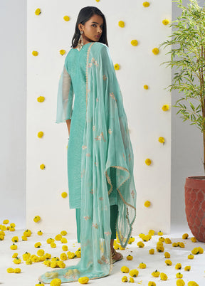 3 Pc Sea Green Readymade Silk Dupatta Suit Set
