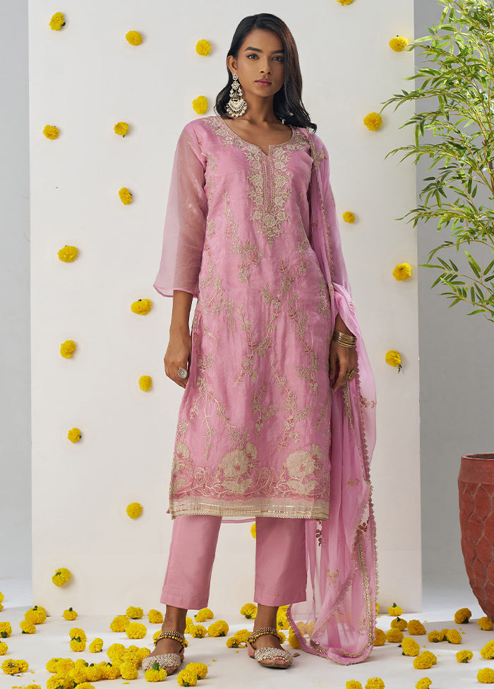 3 Pc Pink Readymade Silk Dupatta Suit Set