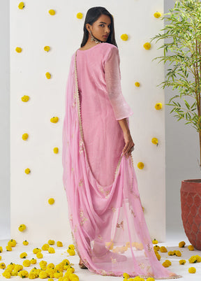 3 Pc Pink Readymade Silk Dupatta Suit Set