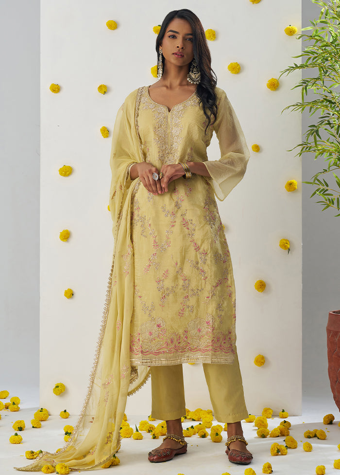 3 Pc Yellow Readymade Silk Dupatta Suit Set