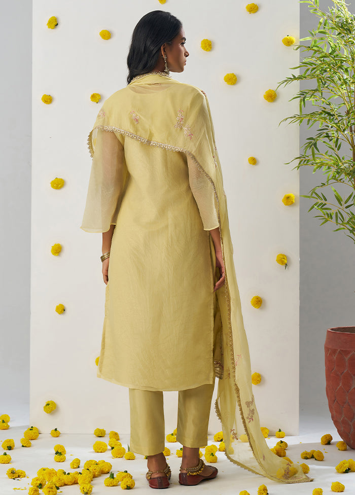 3 Pc Yellow Readymade Silk Dupatta Suit Set
