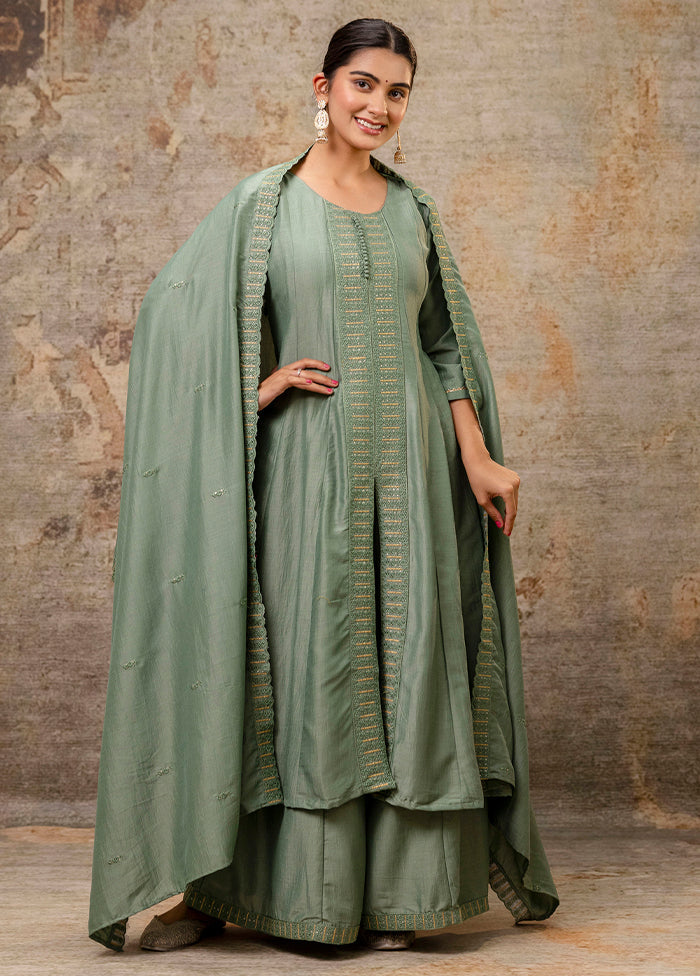3 Pc Pista Green Readymade Silk Dupatta Suit Set