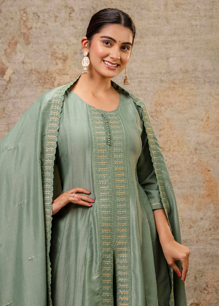 3 Pc Pista Green Readymade Silk Dupatta Suit Set