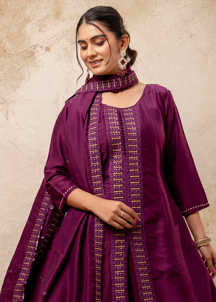 3 Pc Purple Readymade Silk Dupatta Suit Set