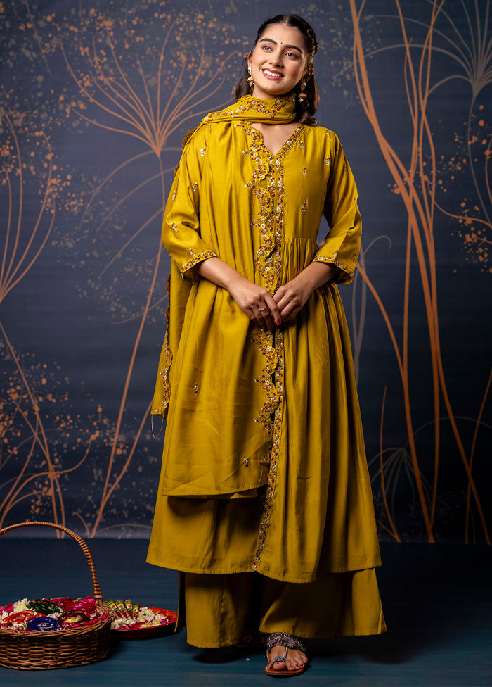 3 Pc Mustard Readymade Silk Dupatta Suit Set