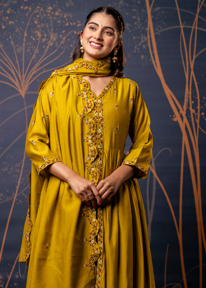 3 Pc Mustard Readymade Silk Dupatta Suit Set