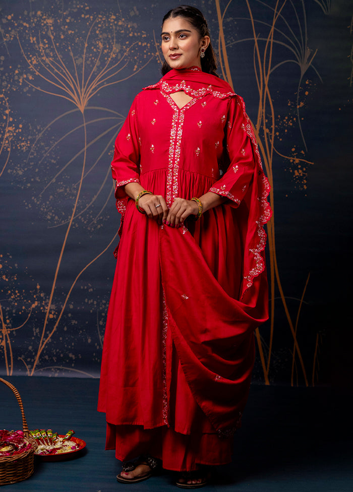 3 Pc Pink Readymade Silk Dupatta Suit Set