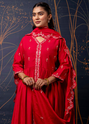 3 Pc Pink Readymade Silk Dupatta Suit Set