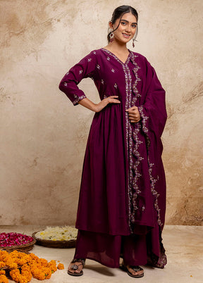 3 Pc Purple Readymade Silk Dupatta Suit Set