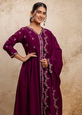 3 Pc Purple Readymade Silk Dupatta Suit Set