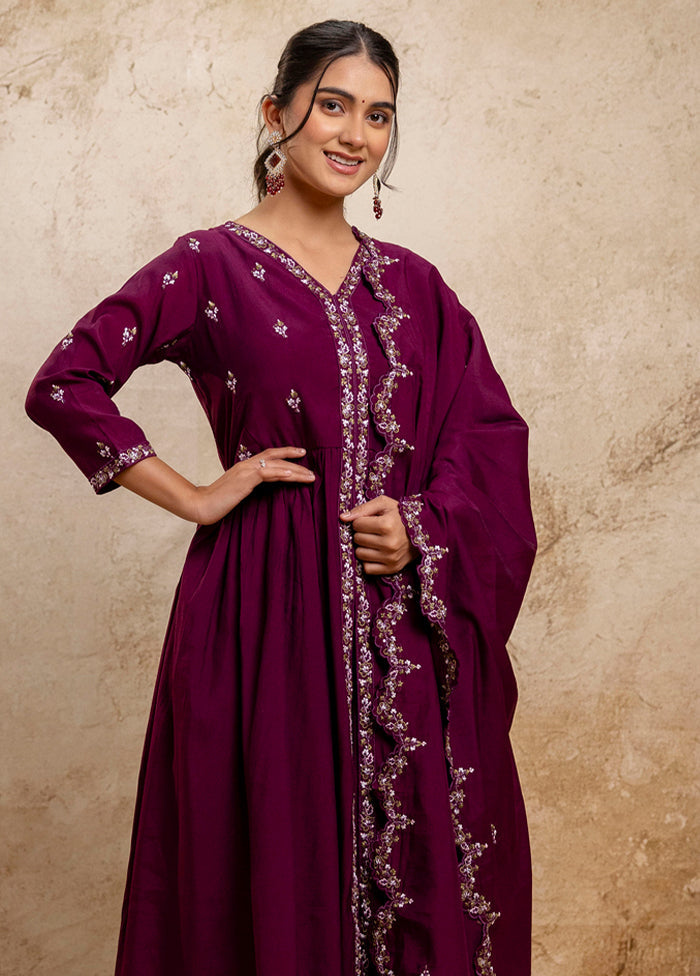 3 Pc Purple Readymade Silk Dupatta Suit Set