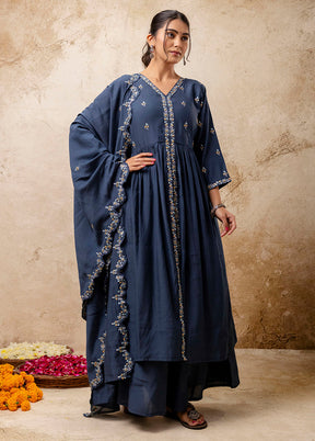 3 Pc Teal Blue Readymade Silk Dupatta Suit Set