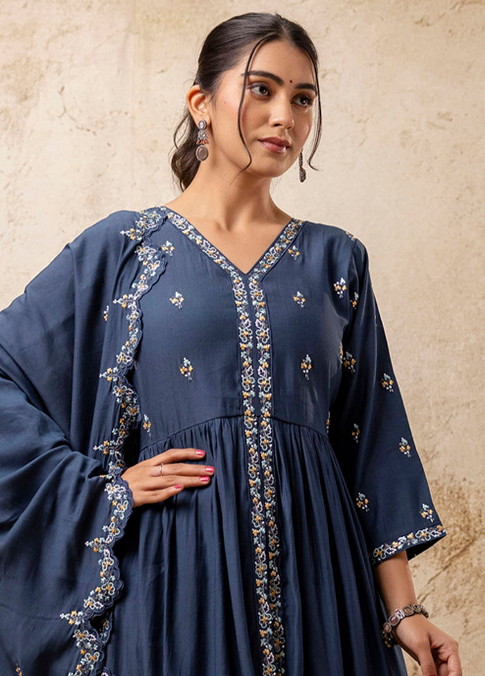 3 Pc Teal Blue Readymade Silk Dupatta Suit Set