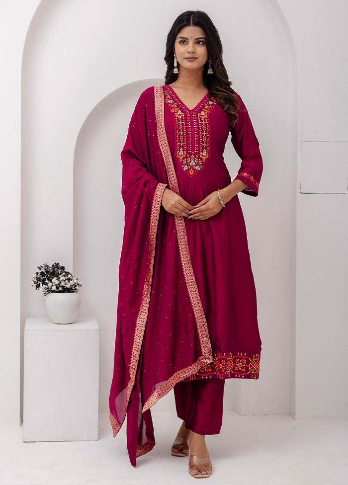 3 Pc Red Readymade Silk Dupatta Suit Set