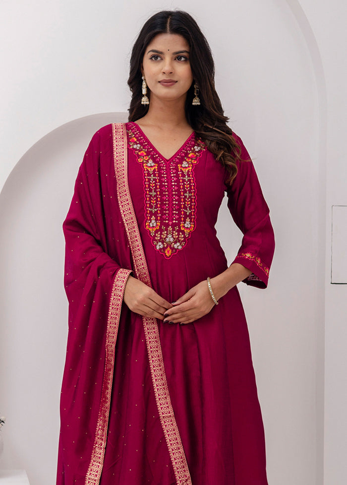 3 Pc Red Readymade Silk Dupatta Suit Set
