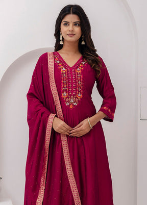 3 Pc Red Readymade Silk Dupatta Suit Set