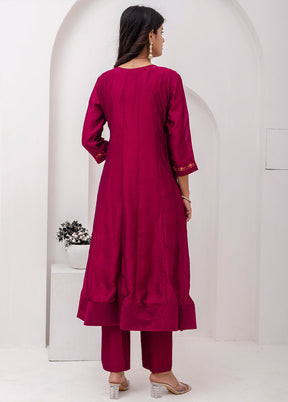 3 Pc Red Readymade Silk Dupatta Suit Set