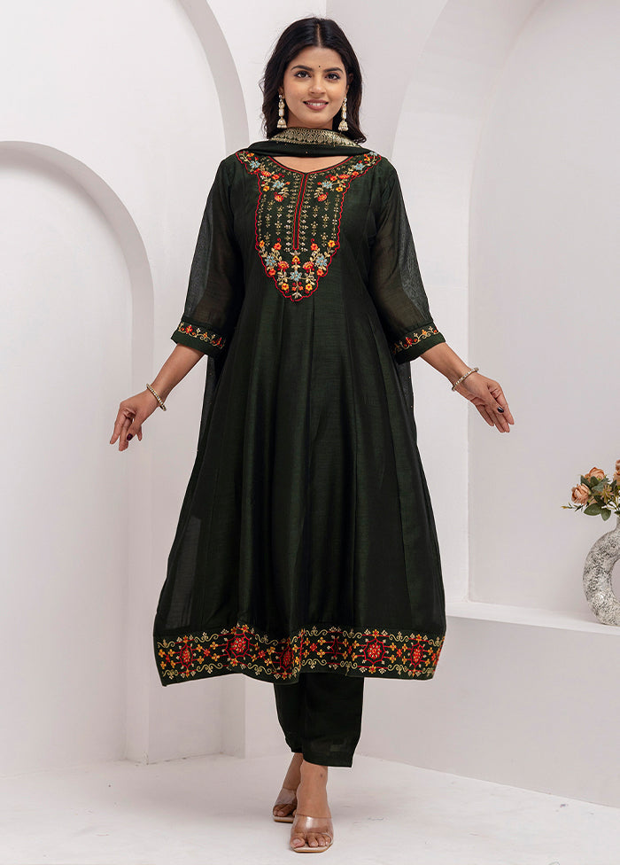 3 Pc Green Readymade Silk Dupatta Suit Set