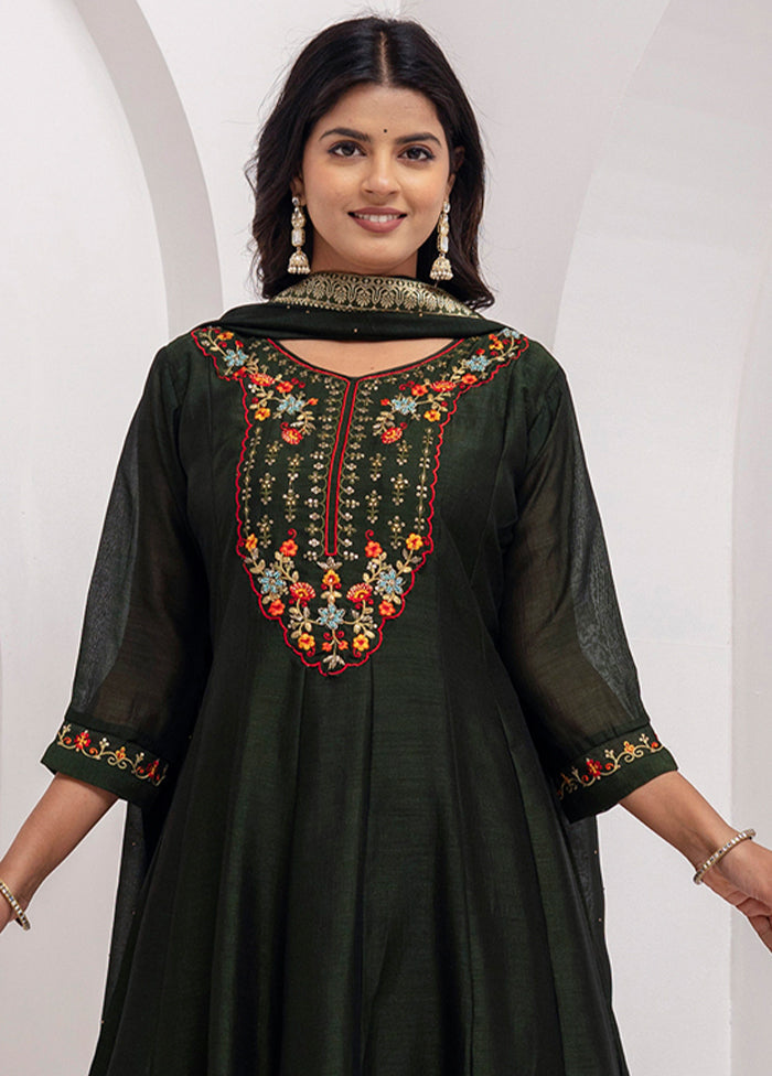 3 Pc Green Readymade Silk Dupatta Suit Set
