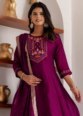 3 Pc Purple Readymade Silk Dupatta Suit Set