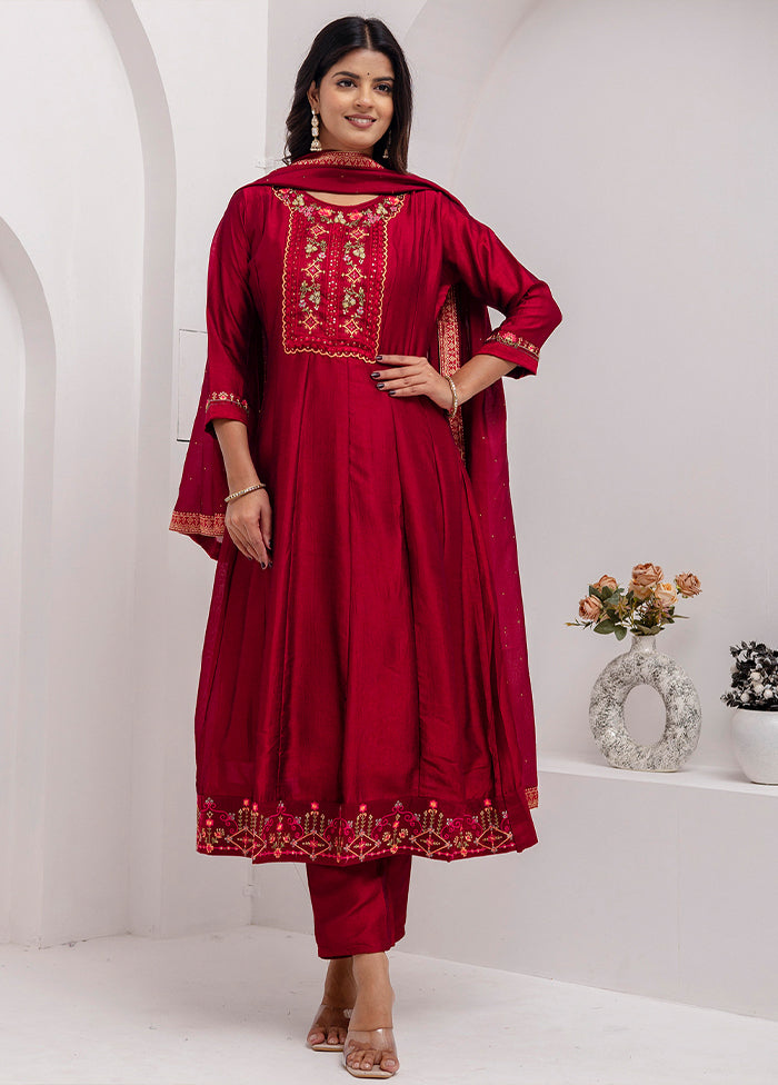 3 Pc Red Readymade Silk Dupatta Suit Set
