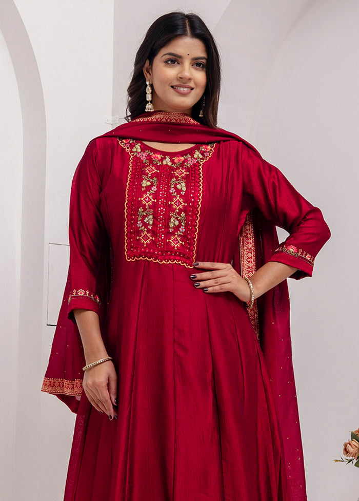 3 Pc Red Readymade Silk Dupatta Suit Set