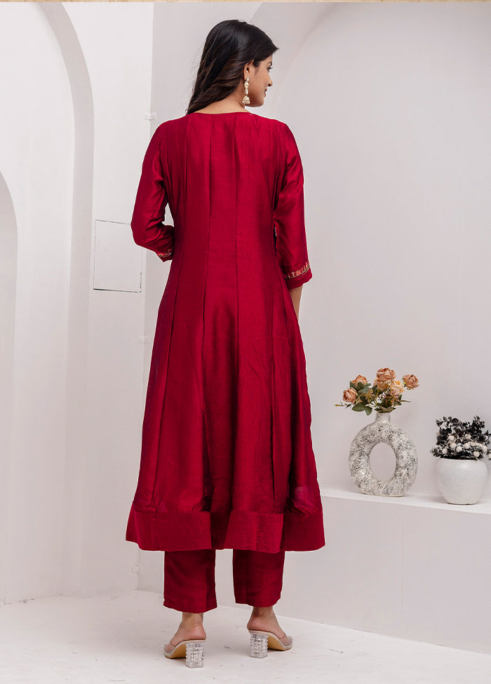 3 Pc Red Readymade Silk Dupatta Suit Set