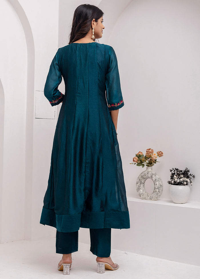 3 Pc Teal Blue Readymade Silk Dupatta Suit Set
