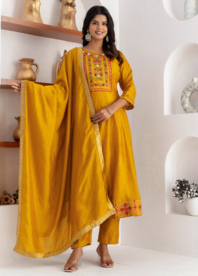 3 Pc Yellow Readymade Silk Dupatta Suit Set
