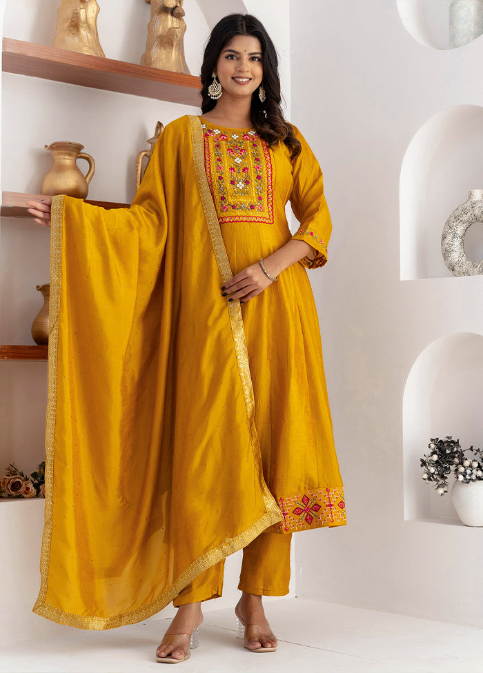 3 Pc Yellow Readymade Silk Dupatta Suit Set